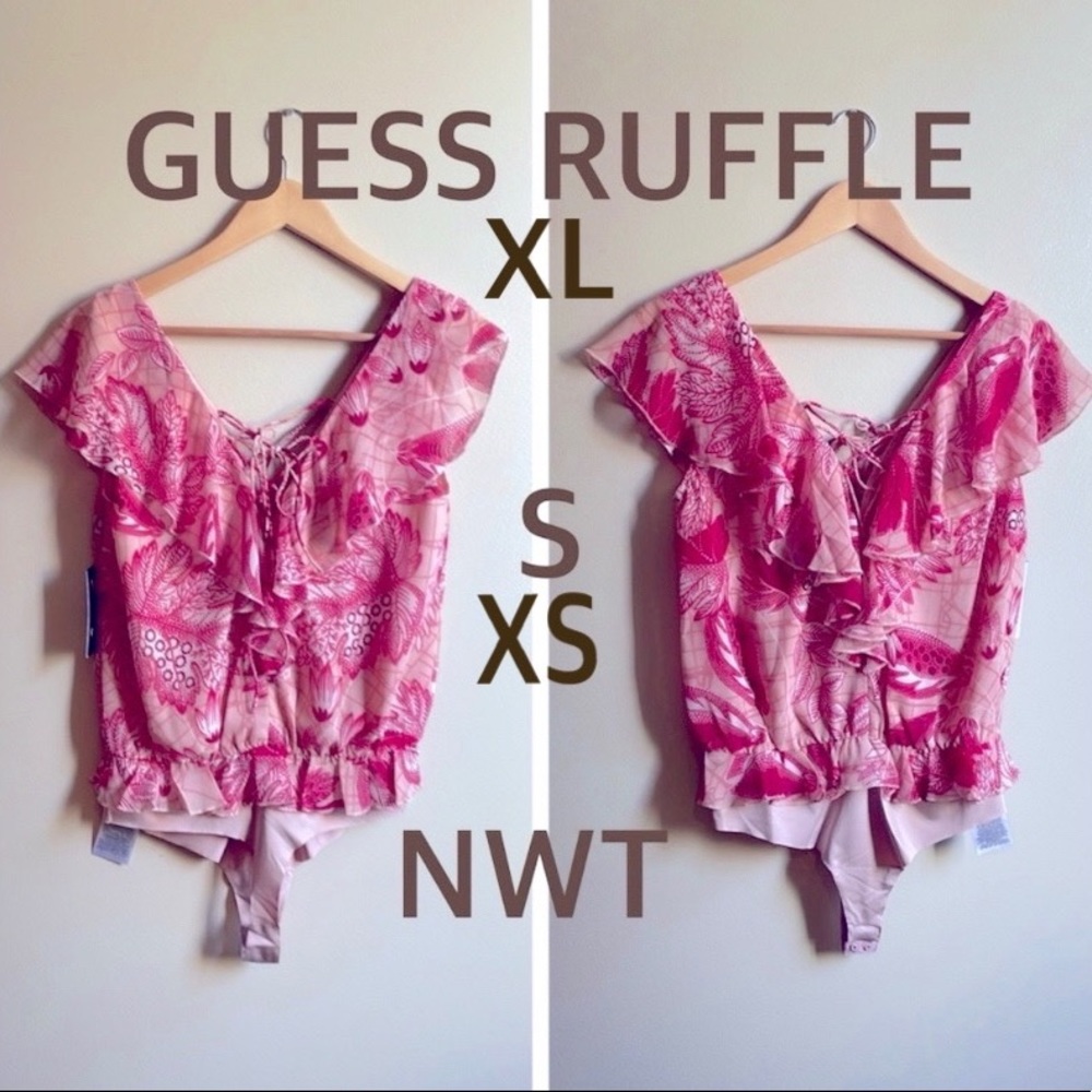 NWT XS S XL Guess pale pink bodysuit red floral ruffle lace flutter cap sleeve